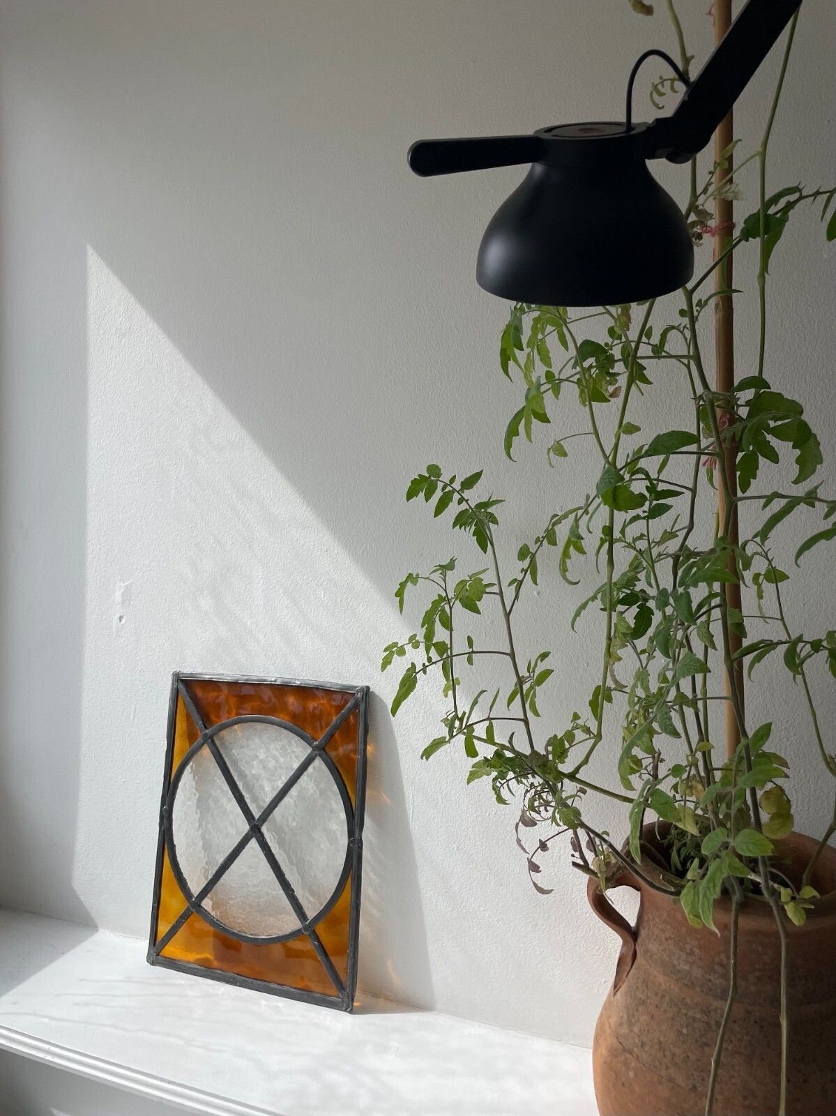 Vintage Circa 1930s Geometric Leaded Light Amber Stained Glass Window Panel photo furniture