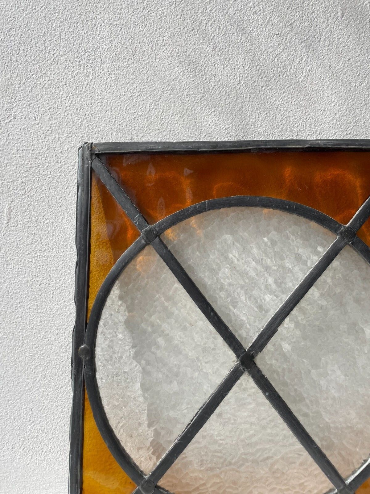 Vintage Circa 1930s Geometric Leaded Light Amber Stained Glass Window Panel photo 99.97
