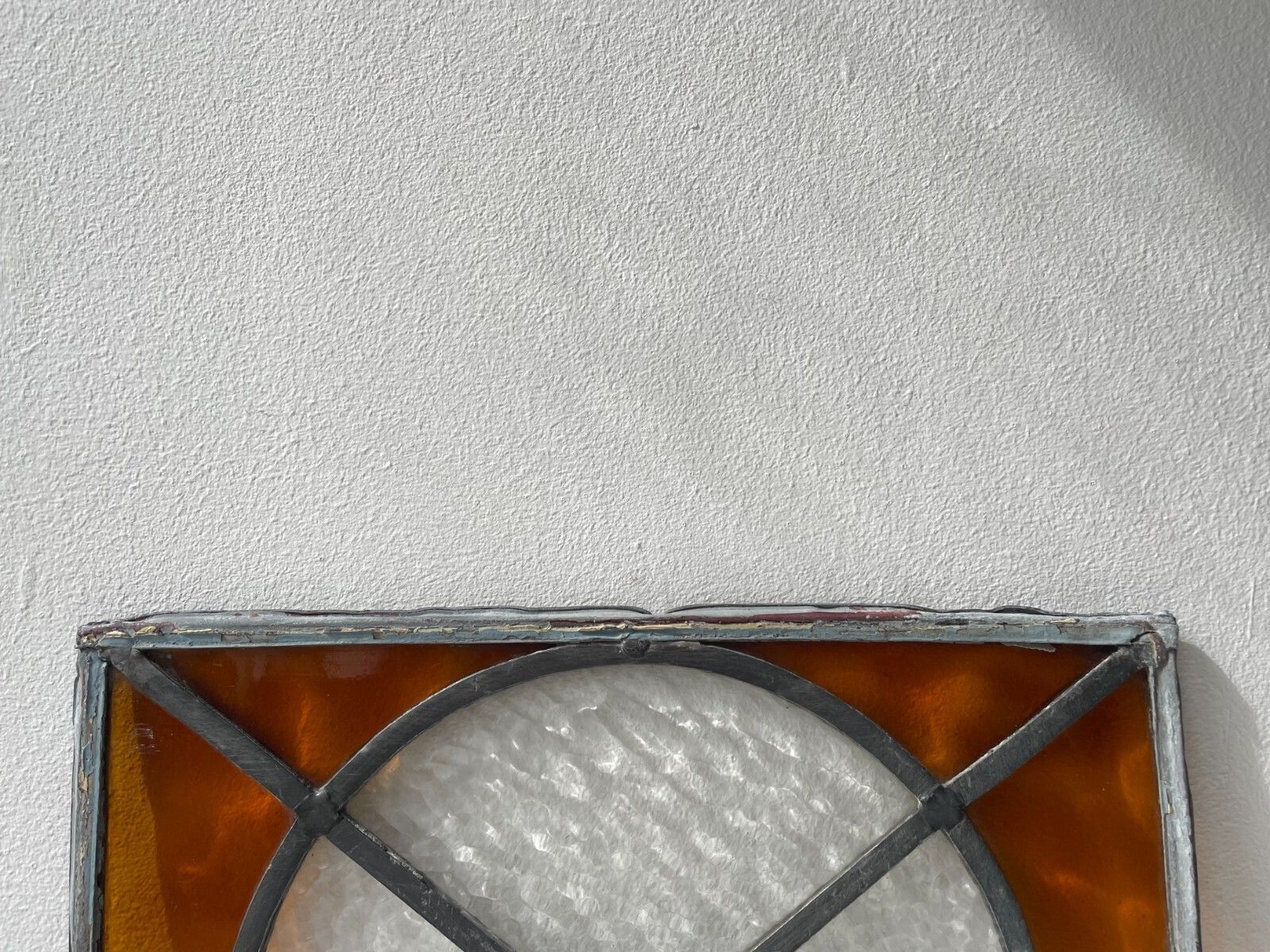 photo vinterior Vintage Circa 1930s Geometric Leaded Light Amber Stained Glass Window Panel