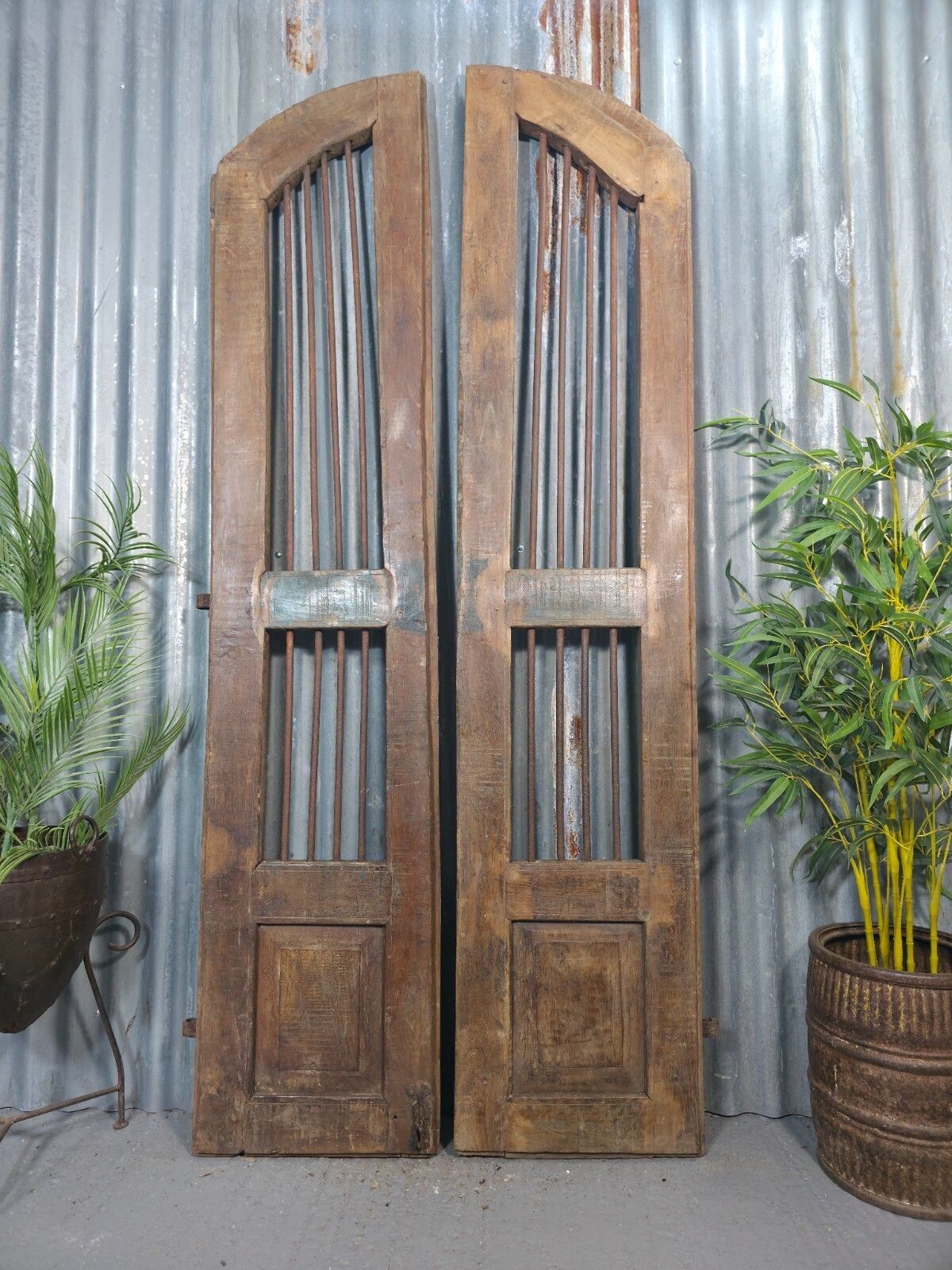 Pair Vintage Rustic Indian Wooden Iron Doors Garden Gates Room Divider Screen photo vinterior
