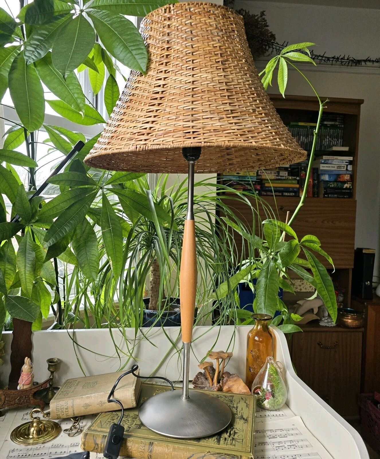 Vintage Tall Table Lamp Wood Chrome Wicker Shade Tall 76 Cm Country Cottage