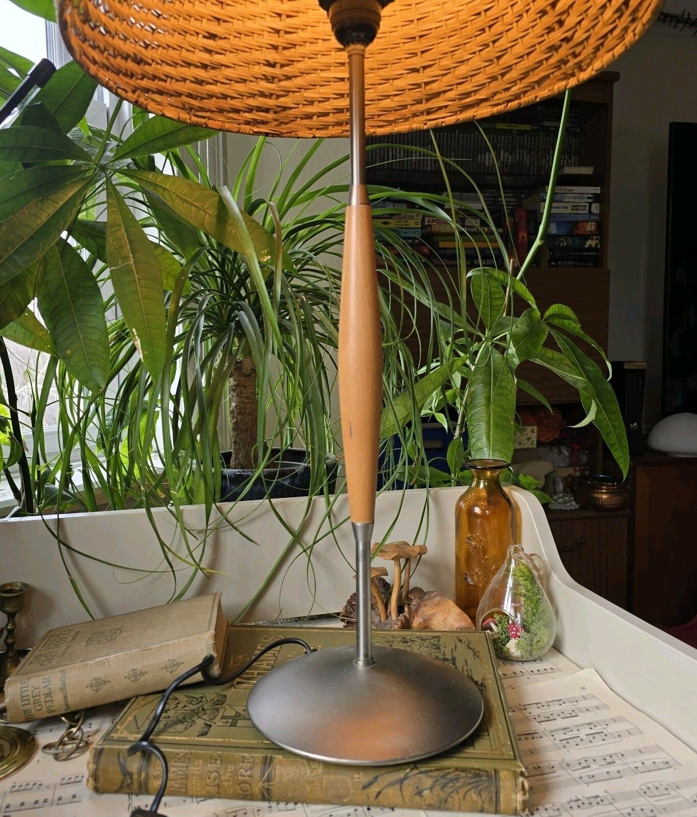 Vintage Tall Table Lamp Wood Chrome Wicker Shade Tall 76 Cm Country Cottage photo Lighting
