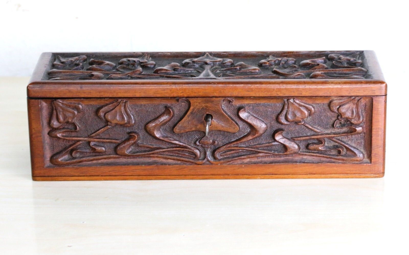 Antique Art Nouveau Carved Box Mahogany Hinged + Lock Iconic Design Original Key