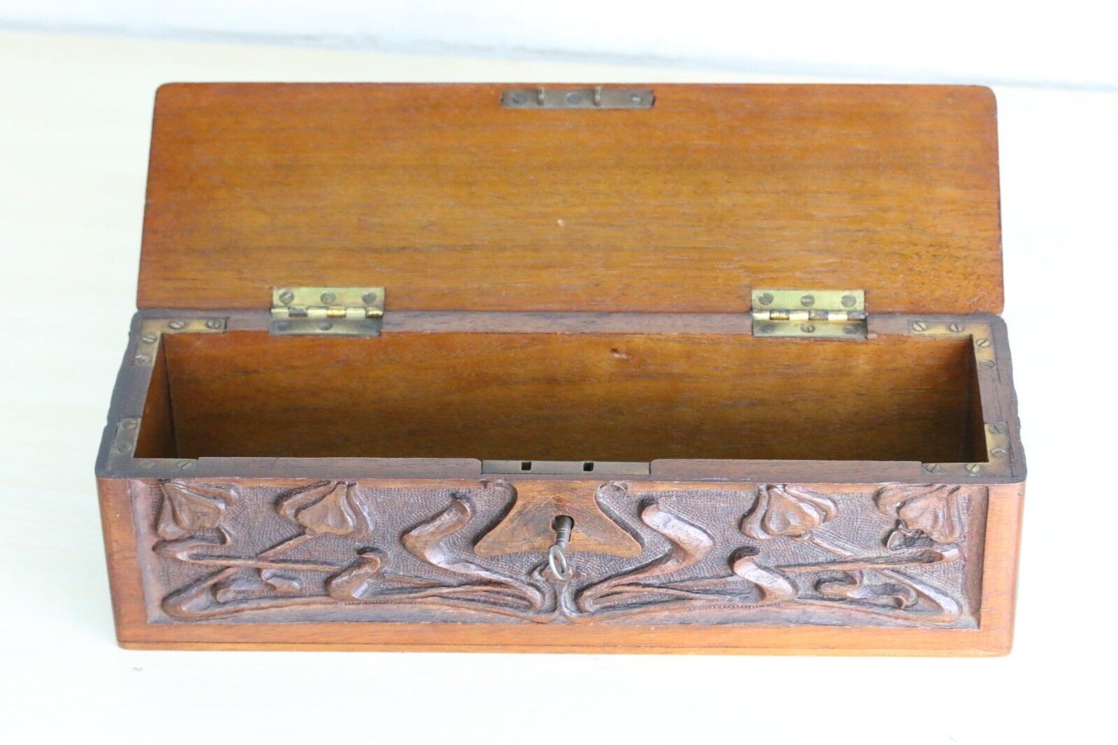 Antique Art Nouveau Carved Box Mahogany Hinged + Lock Iconic Design Original Key photo buy