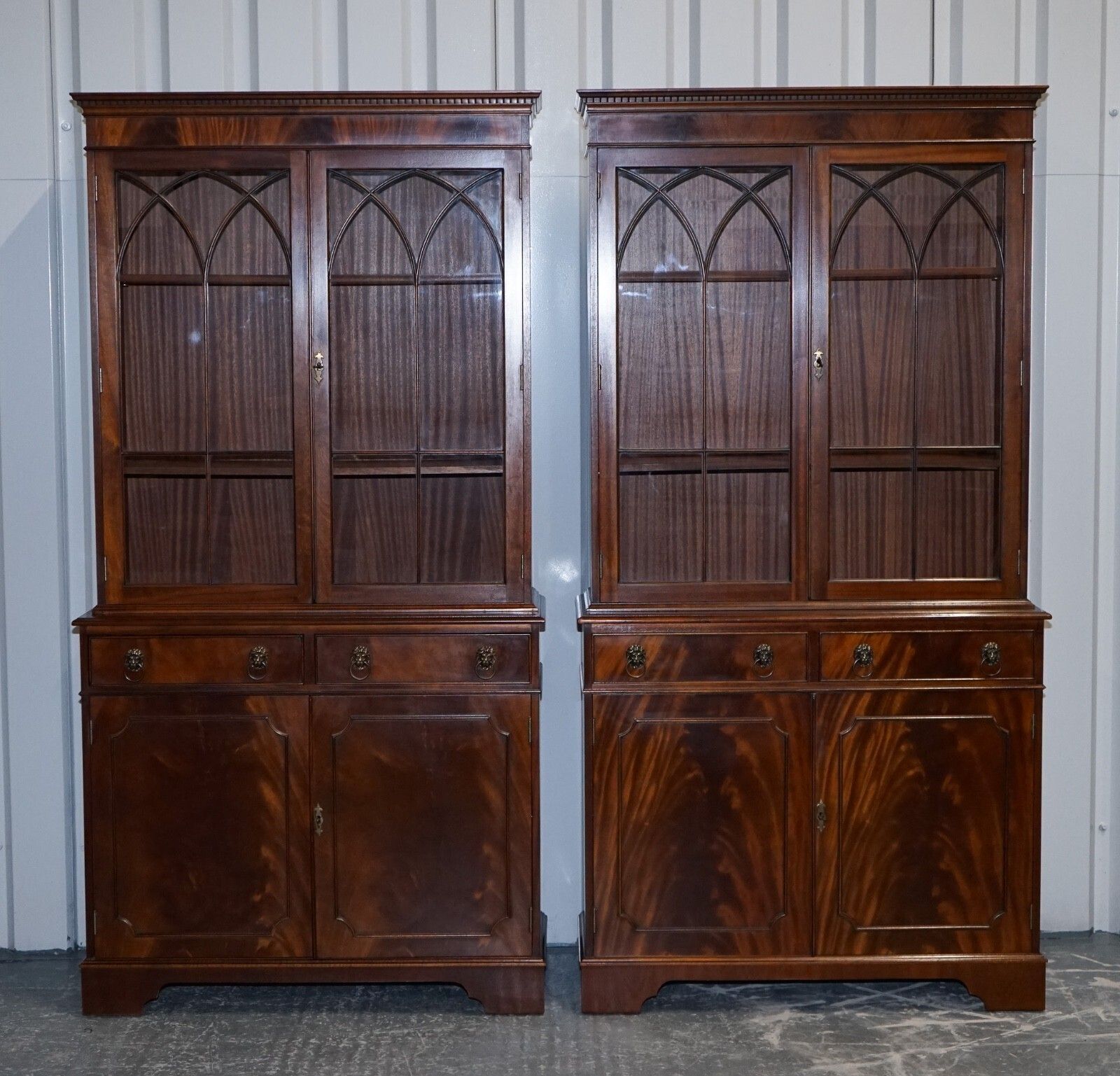 Pair Georgian Style Display Cabinets Bookcases With Brass Lion Handles photo for sale