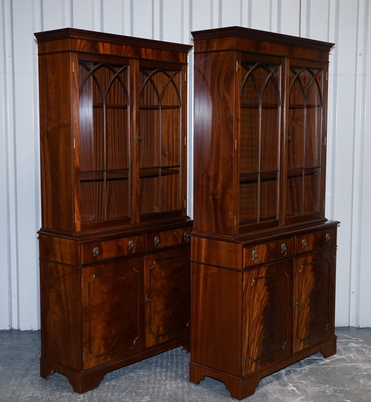 photo vintage Pair Georgian Style Display Cabinets Bookcases With Brass Lion Handles
