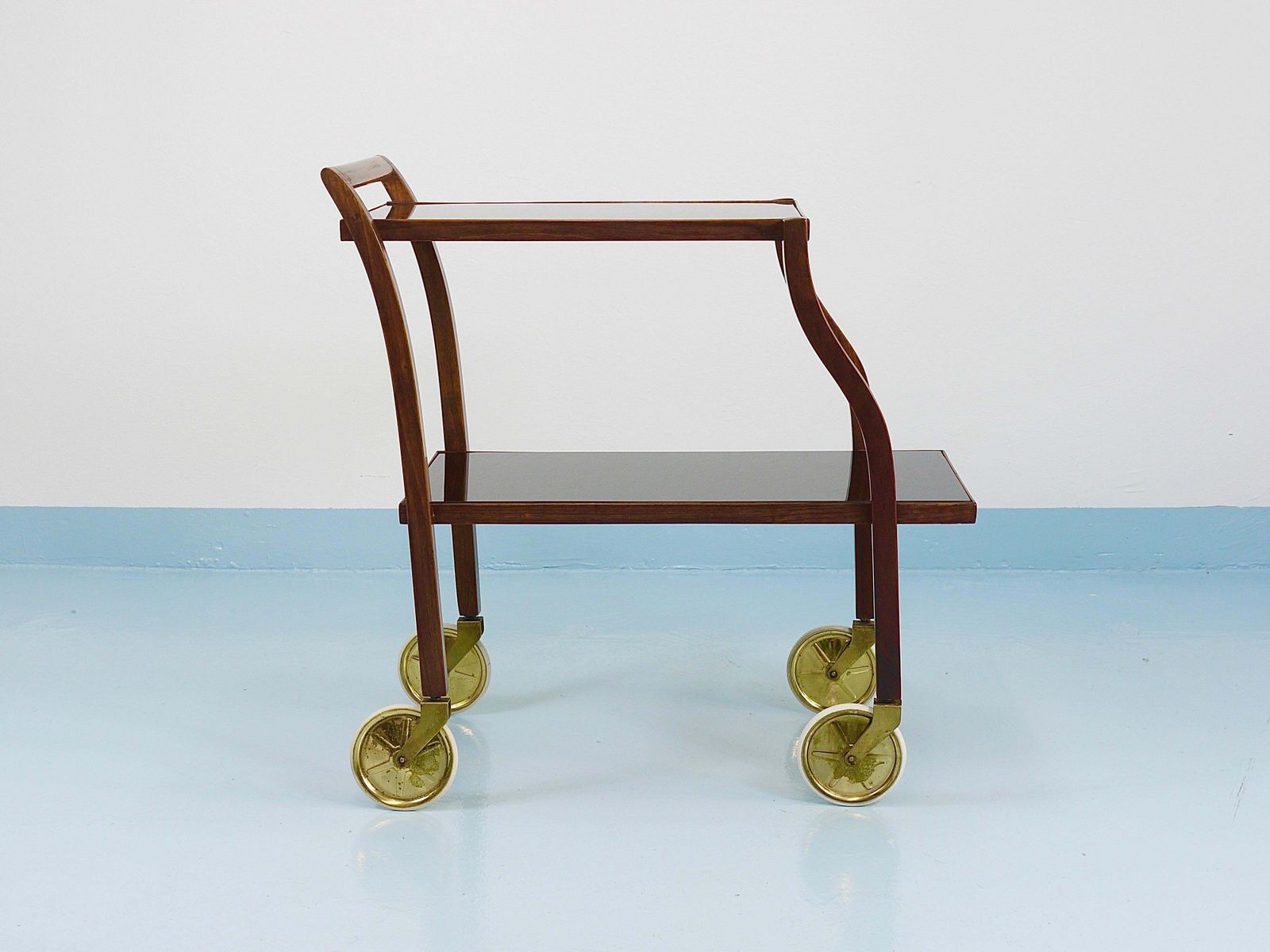 Oswald Haerdtl Curved Walnut & Glass Bar Cart, Serving Trolley, 1950s photo furniture