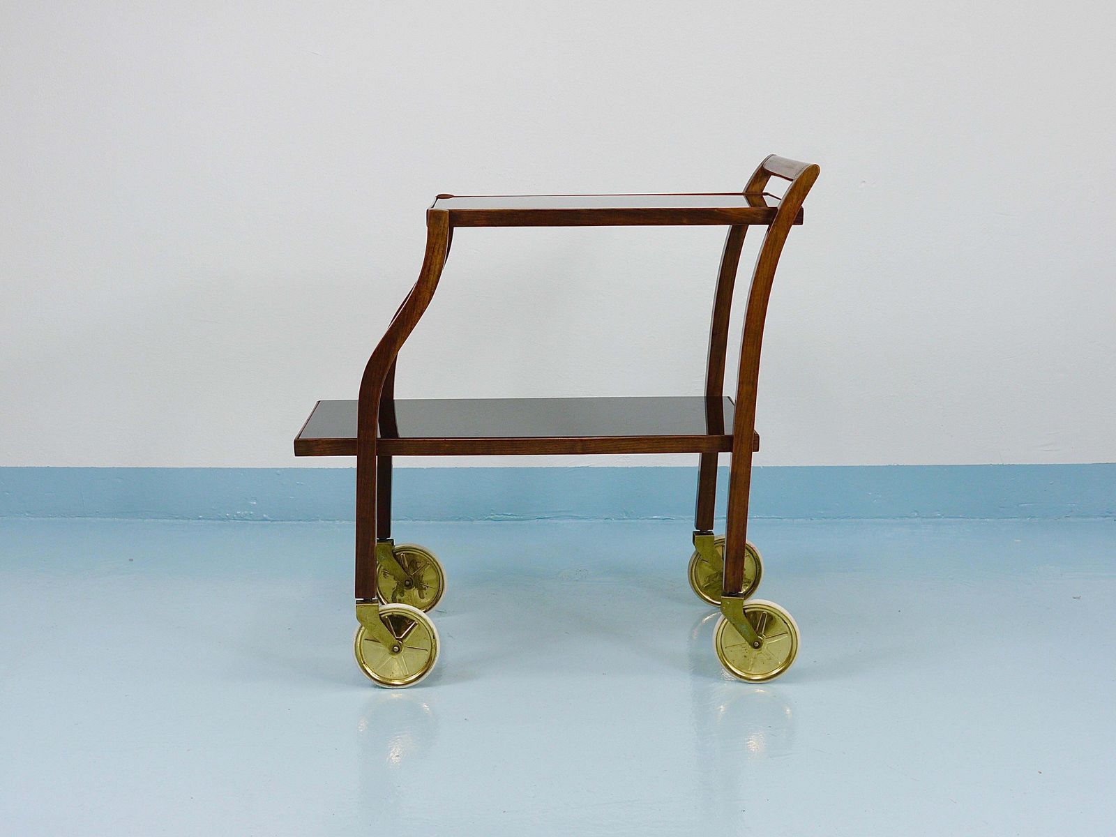 photo buy Oswald Haerdtl Curved Walnut & Glass Bar Cart, Serving Trolley, 1950s