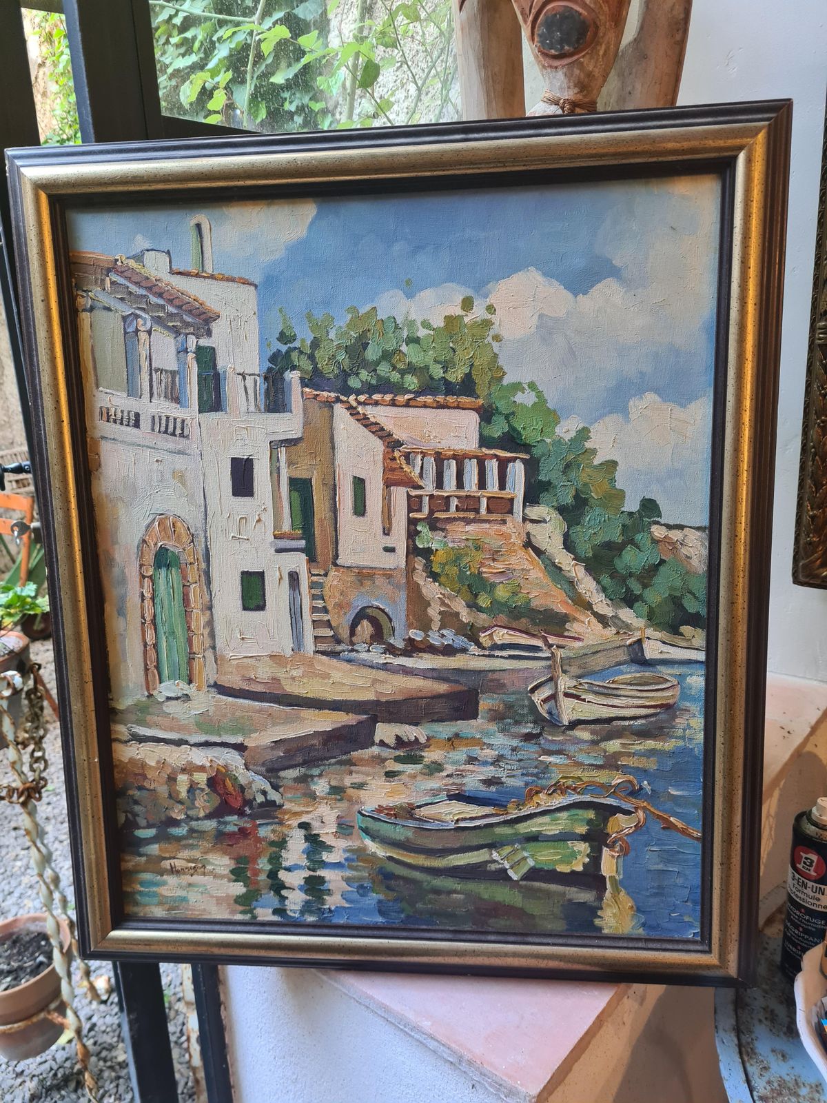 photo furniture The Mediterranean Coast, Oil On Canvas Painting, Signed, Late 20th Century