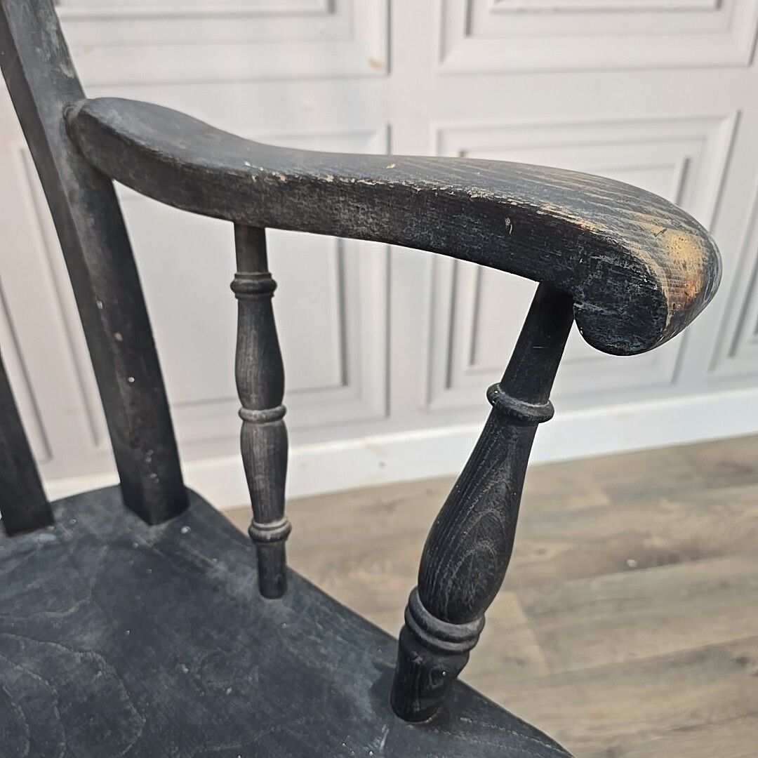 Antique Grandfather Armchair Painted Solid Wooden Lath Slat Back Windsor Chair photo 230.0