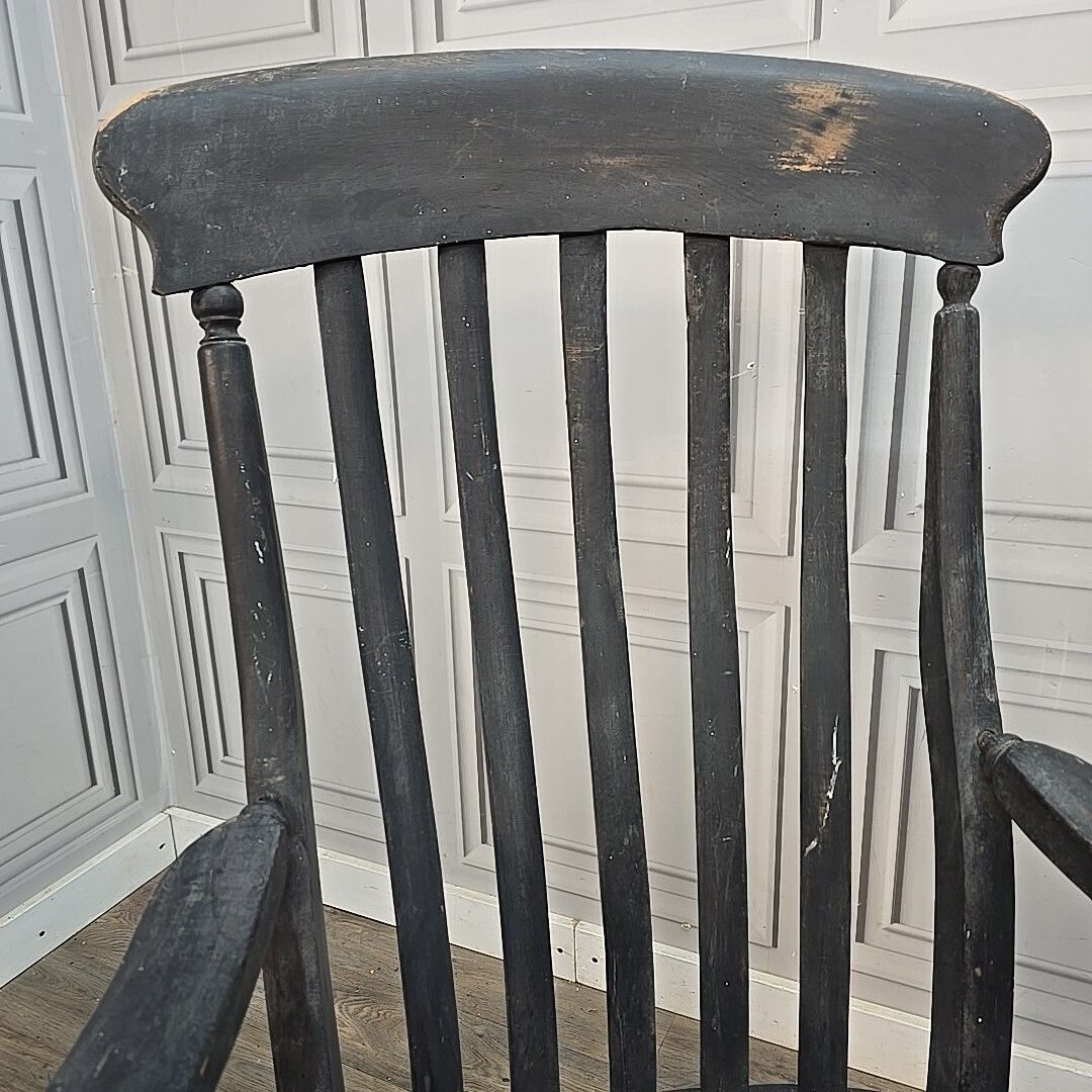 Antique Grandfather Armchair Painted Solid Wooden Lath Slat Back Windsor Chair photo vinterior