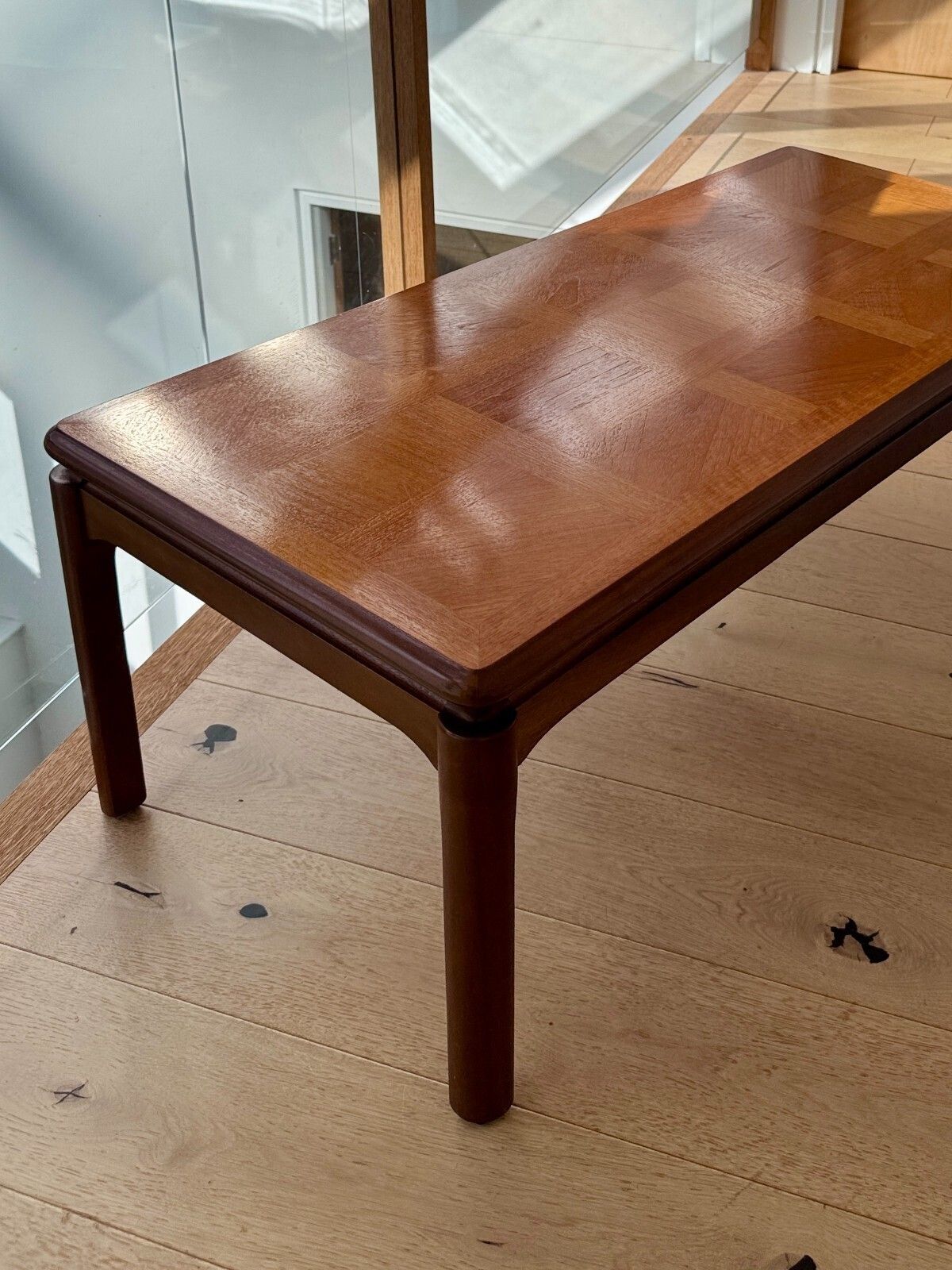 photo for sale Vintage Nathan Furniture Teak Coffee Table With A Parquet Top
