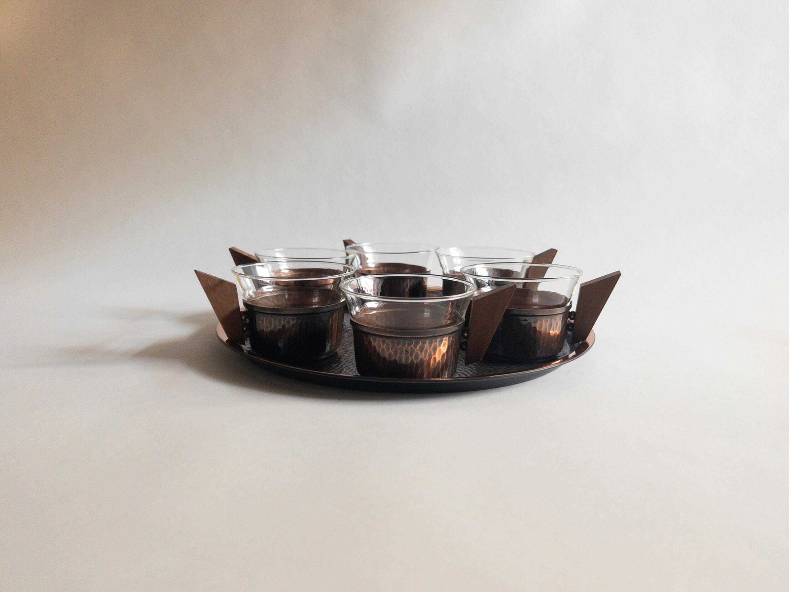 Mid Century Copper & Teak Tea Set: Glass And Copper Cups With Tray