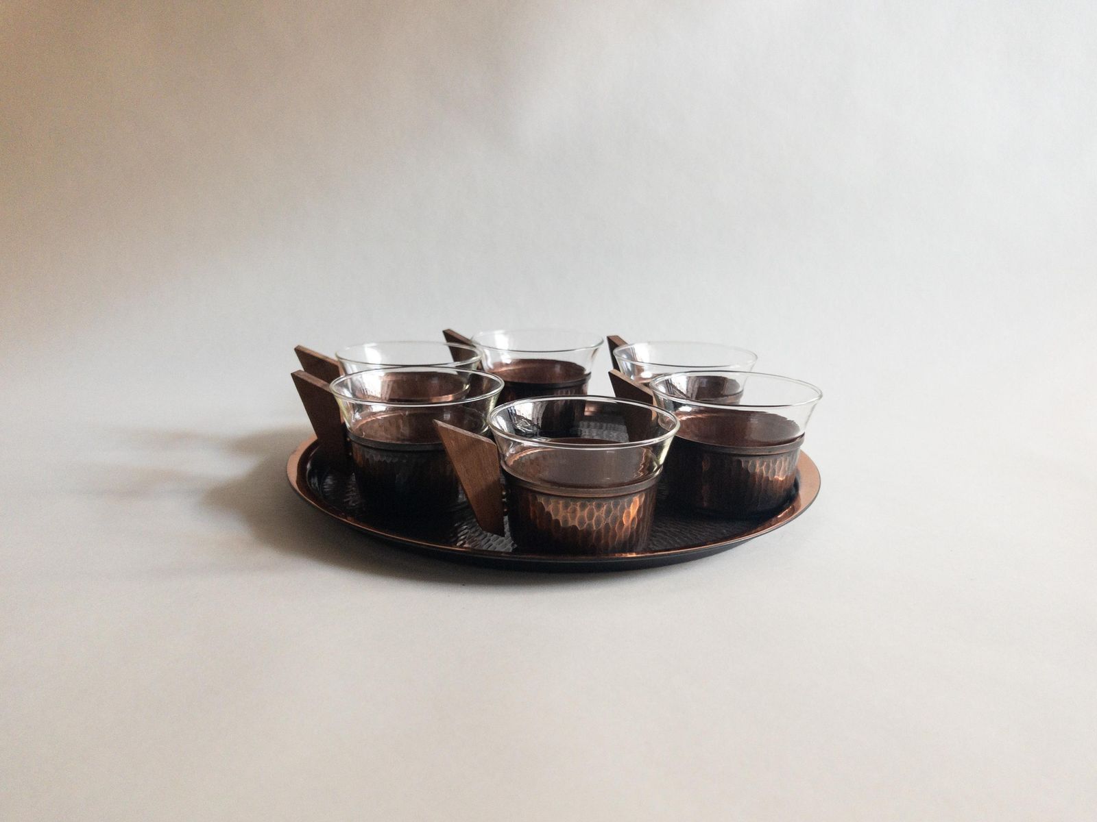 Mid Century Copper & Teak Tea Set: Glass And Copper Cups With Tray photo Home Decor