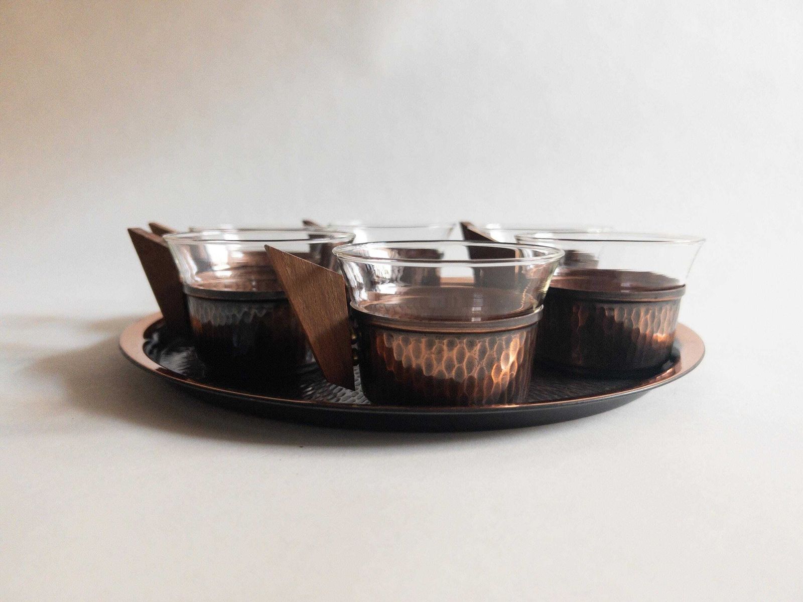 Mid Century Copper & Teak Tea Set: Glass And Copper Cups With Tray photo vinterior