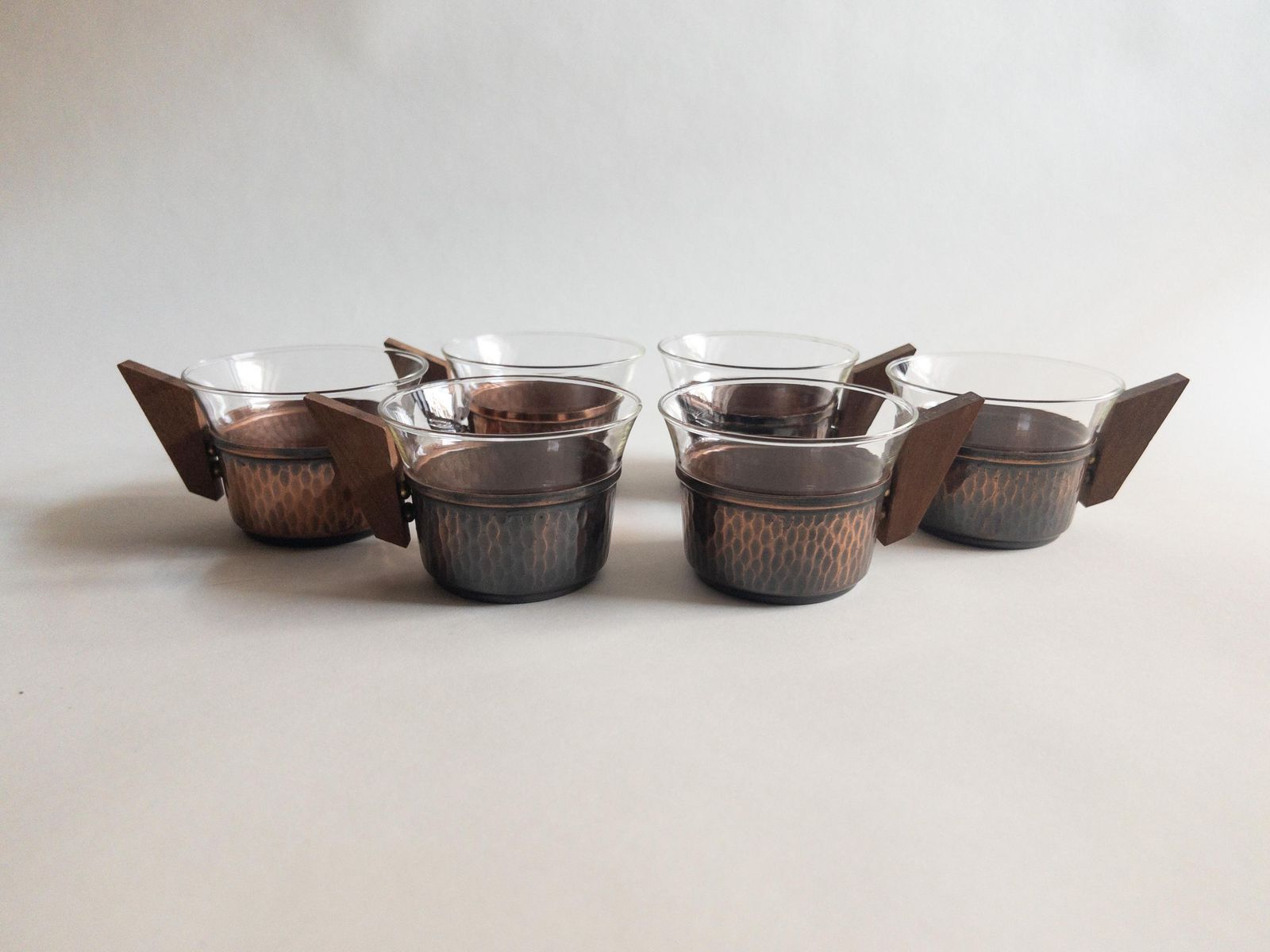 142.0 Mid Century Copper & Teak Tea Set: Glass And Copper Cups With Tray photo