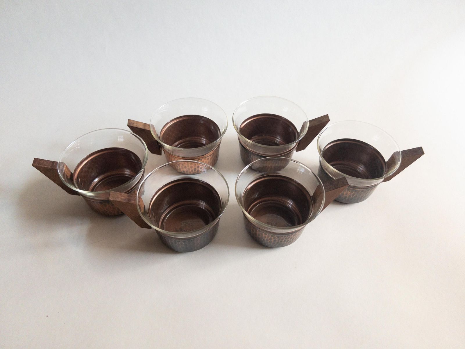 photo vinterior Mid Century Copper & Teak Tea Set: Glass And Copper Cups With Tray