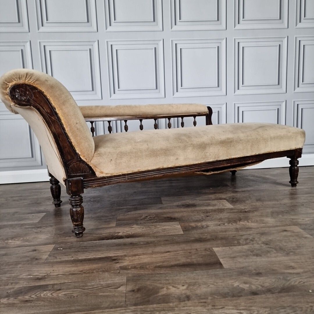 Antique Chaise Longue Carved Roll Rail Back Day Bed Seat Aesthetic Victorian photo furniture