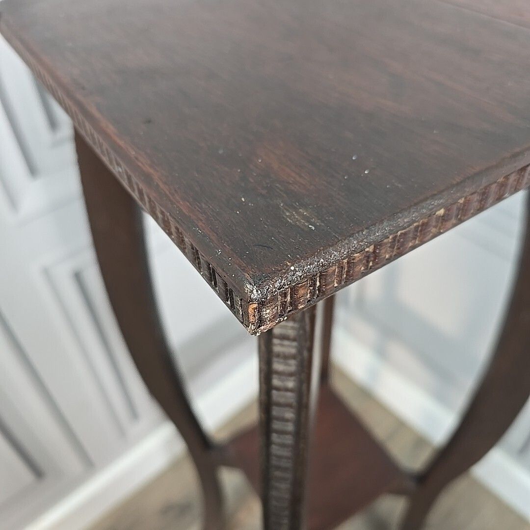 photo vinterior Antique Plant Stand Arts & Crafts Solid Oak – Tall Two Tier Display Wooden