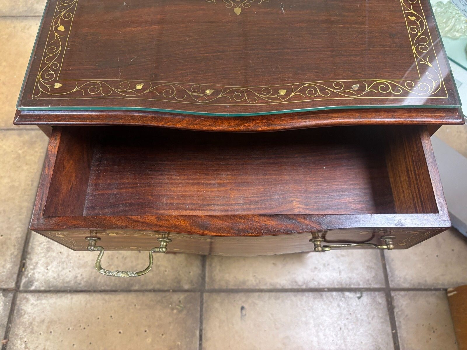 Vintage Mahogany & Brass Inlay Narrow Chest Of Five Drawers photo vintage