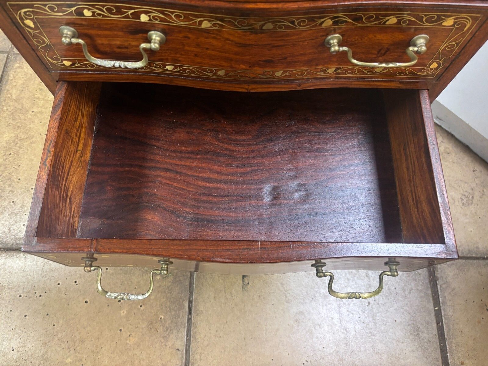 photo for sale Vintage Mahogany & Brass Inlay Narrow Chest Of Five Drawers