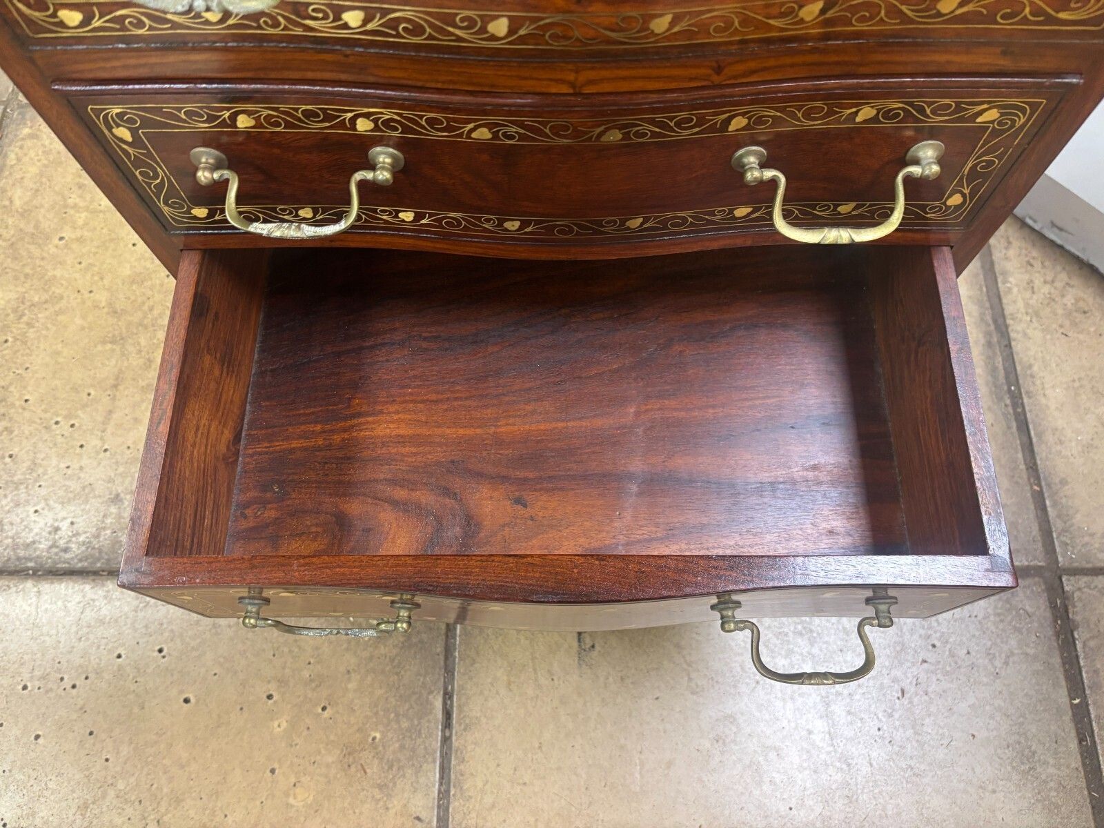 Furniture Vintage Mahogany & Brass Inlay Narrow Chest Of Five Drawers photo