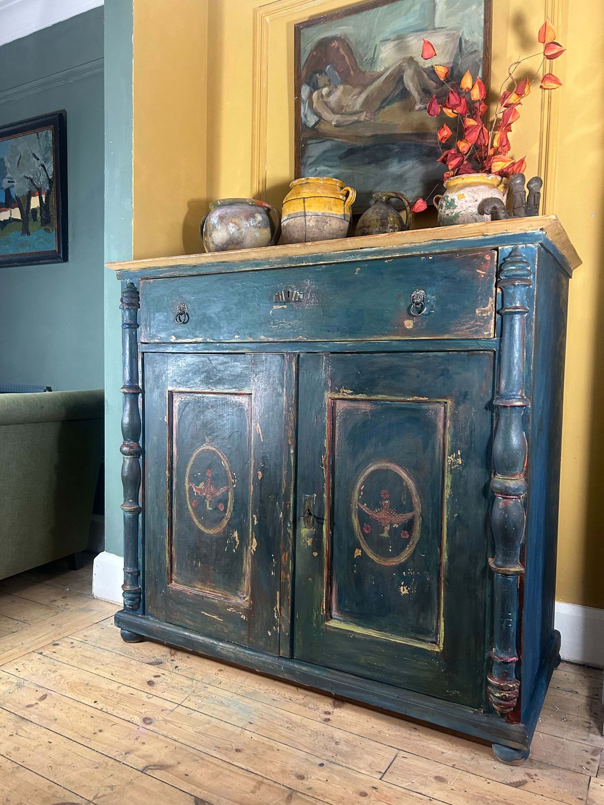 Antique Painted Linen Press With Folk Art Panels photo furniture