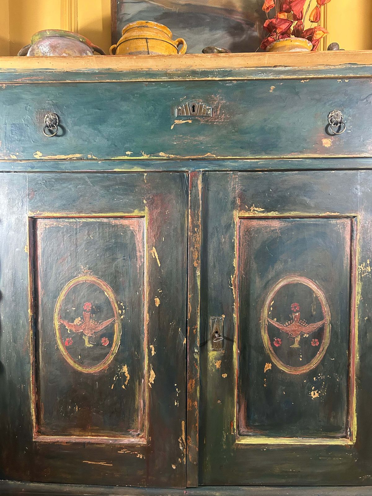 Antique Painted Linen Press With Folk Art Panels photo buy