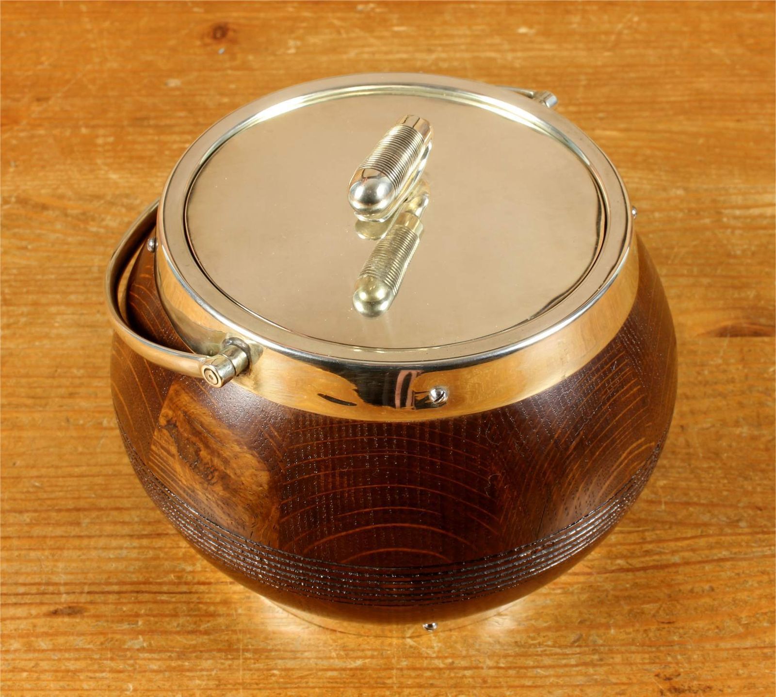 Antique Curling Stone Ice Bucket. English Oak & Silver Plate Ice Pail photo for sale