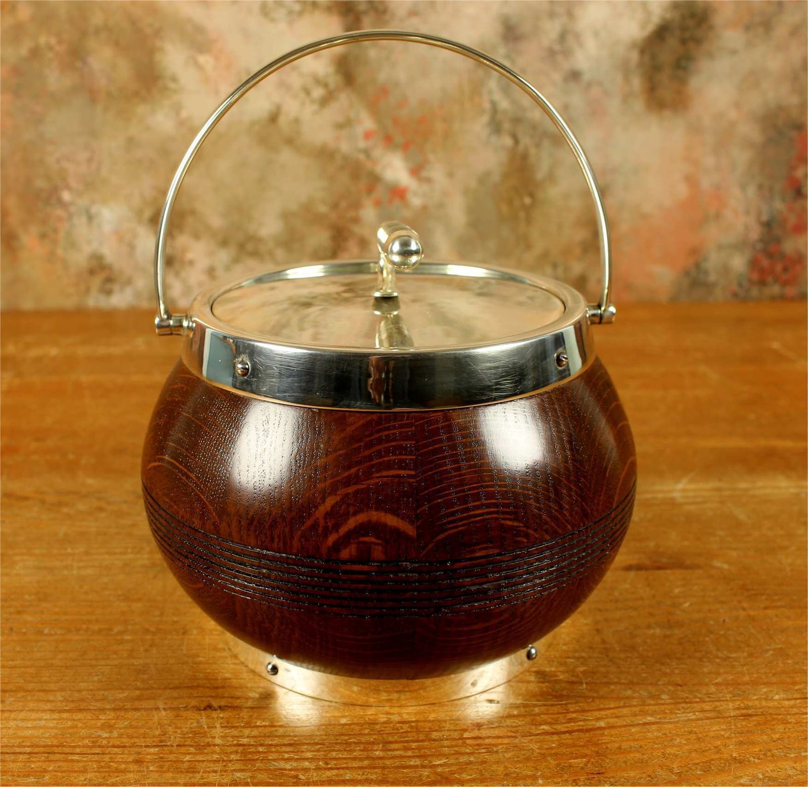 photo for sale Antique Curling Stone Ice Bucket. English Oak & Silver Plate Ice Pail