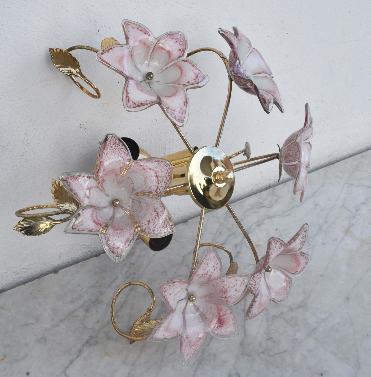 Set Of 2 Charming Murano Vintage Ceiling Light Pink Flowers, 1970s photo vintage