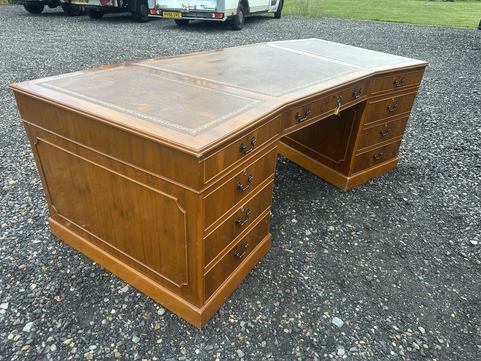 Substantial Antique Captains Banker Desk Green Leather Twin Pedestal Partner #59 photo for sale