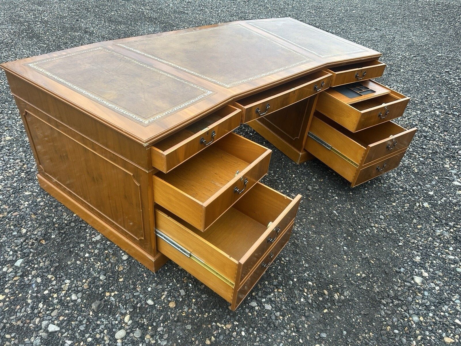 Furniture Substantial Antique Captains Banker Desk Green Leather Twin Pedestal Partner #59 photo