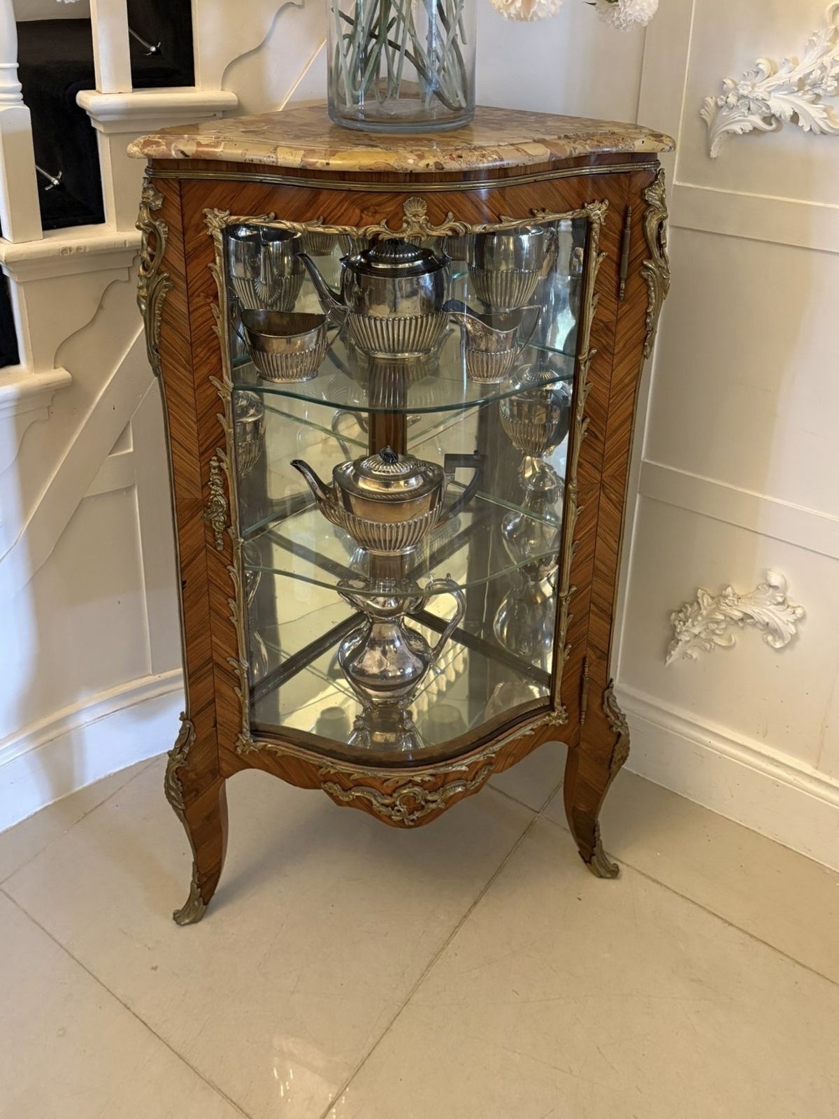 Antique Exceptional French Kingwood Serpentine Corner Display Cabinet With Marble Top And Ormolu Mount
