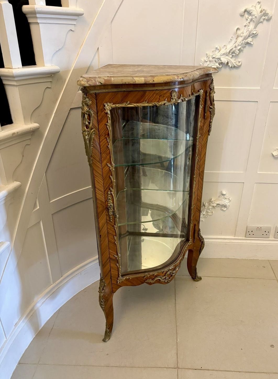 photo for sale Antique Exceptional French Kingwood Serpentine Corner Display Cabinet With Marble Top And Ormolu Mount