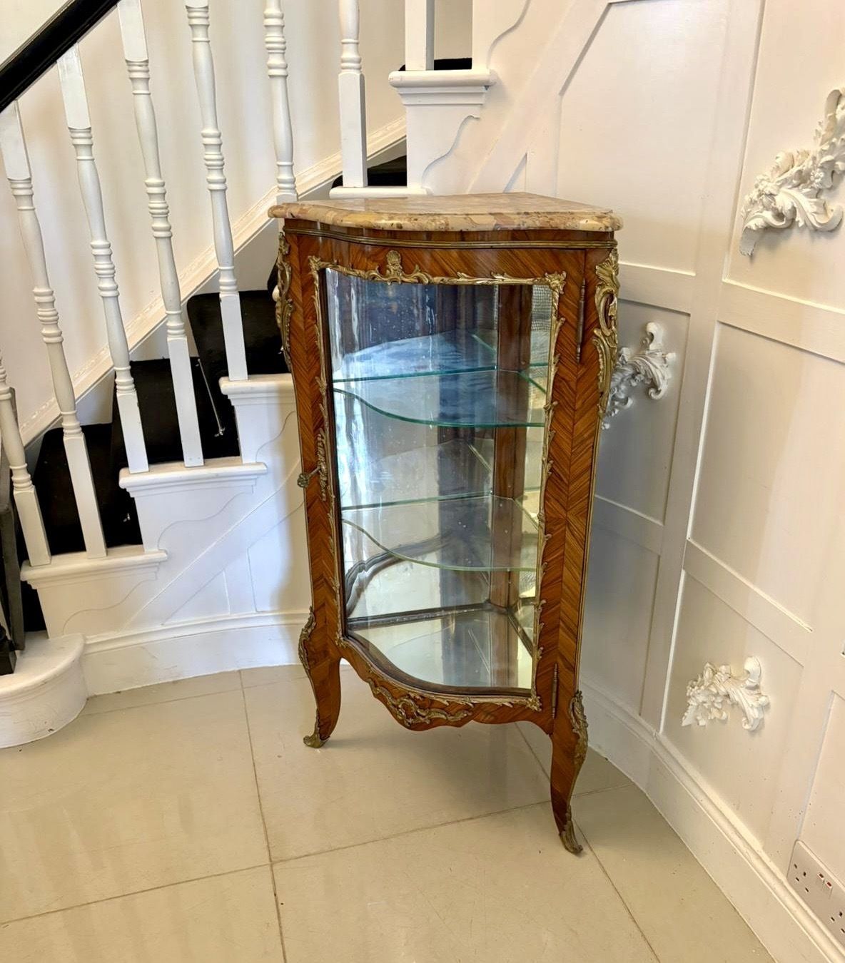 Furniture Antique Exceptional French Kingwood Serpentine Corner Display Cabinet With Marble Top And Ormolu Mount photo