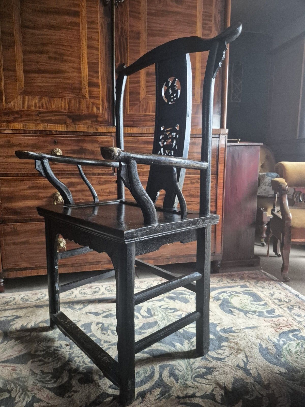 Stunning 19th Century Chinese Elm Black Laquered Yokeback Officials Hat Armchair photo furniture