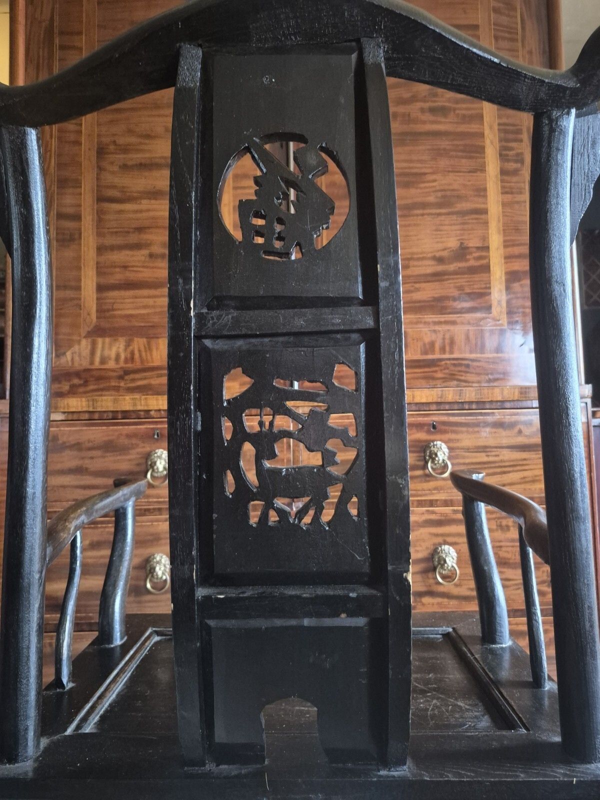 Furniture Stunning 19th Century Chinese Elm Black Laquered Yokeback Officials Hat Armchair photo