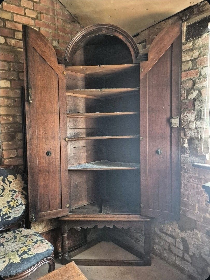 Furniture Wonderful  Unique 18th Century Arched Figured Walnut Herringbone Banding Corner Cupboard photo