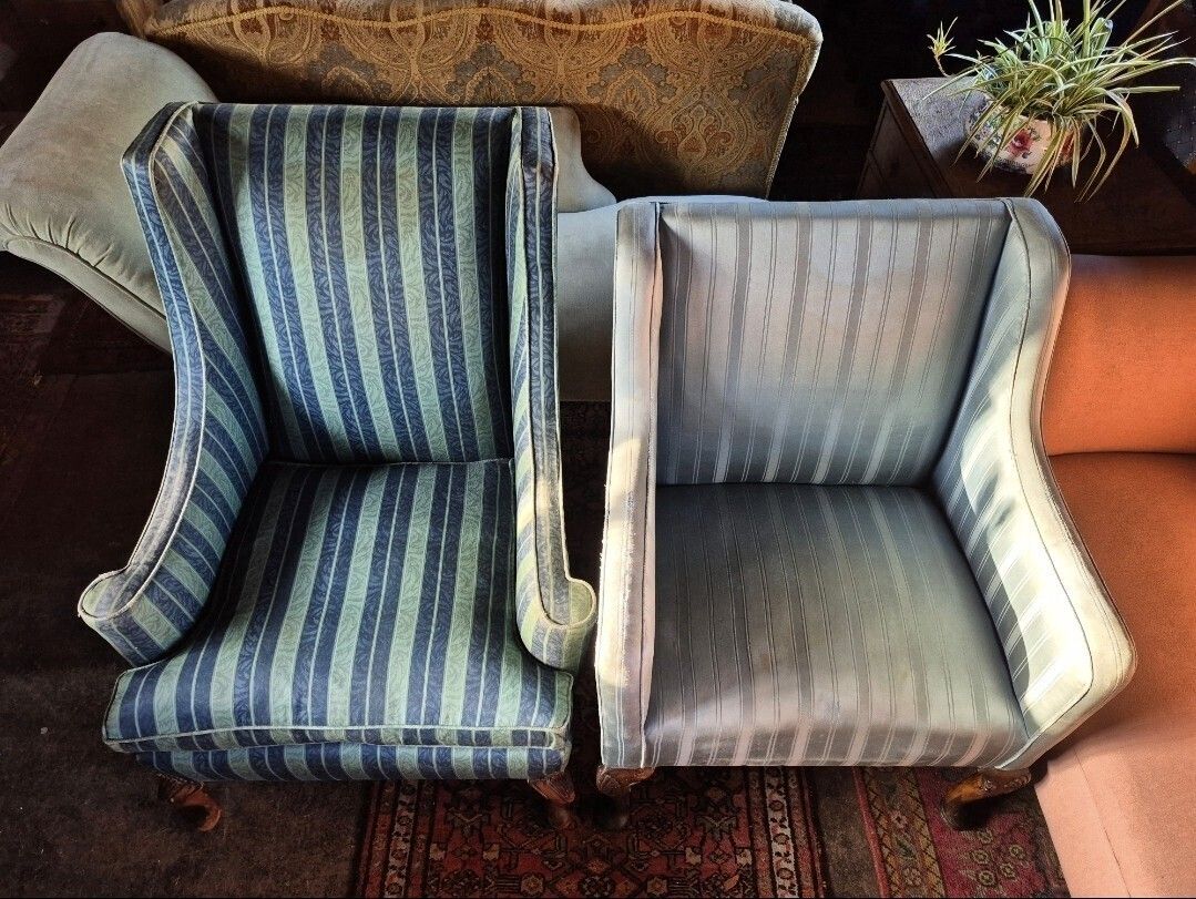 Super Pair Of Shell Leg Blue Vintage Antique Stripey Silky Edwardian Armchairs photo for sale