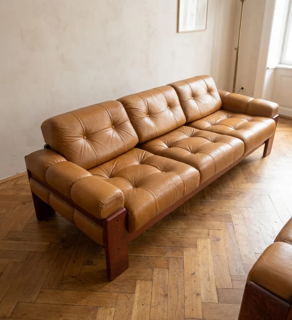 Czechoslovak Vintage Leather Living Room Set, Attributed To Dřevotvar, 1970s–1980s, Set Of 3 photo 1960.0
