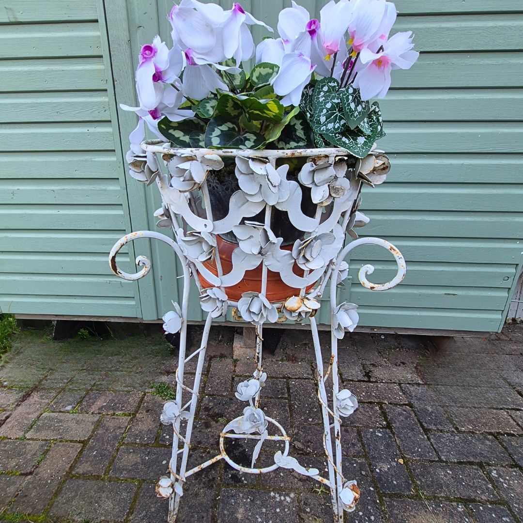photo for sale Vintage French White Metal Floral Garden Planter With Rose Detail