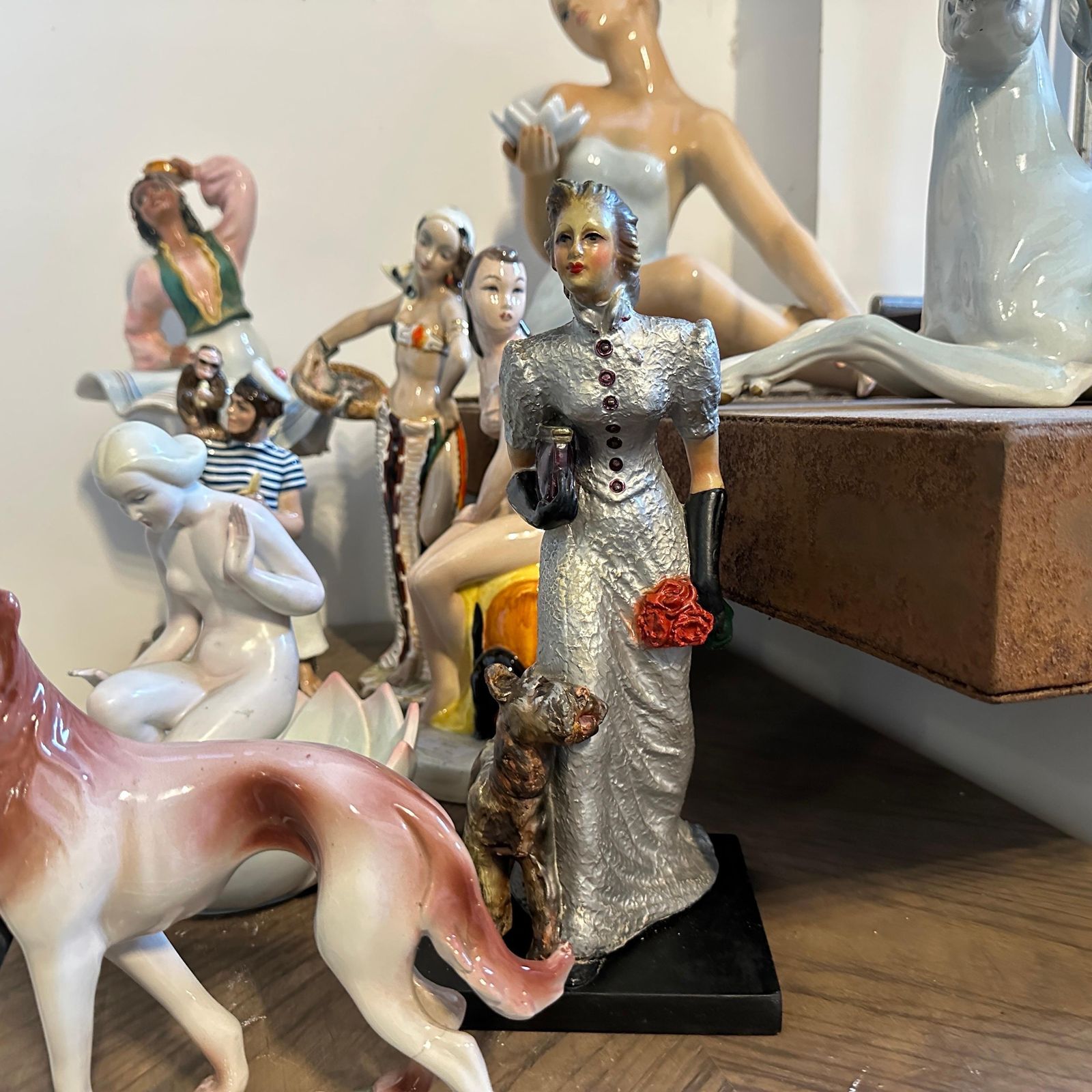 1940s Italian Ceramic Figurine By Mollica, Woman With Fox Terrier photo for sale