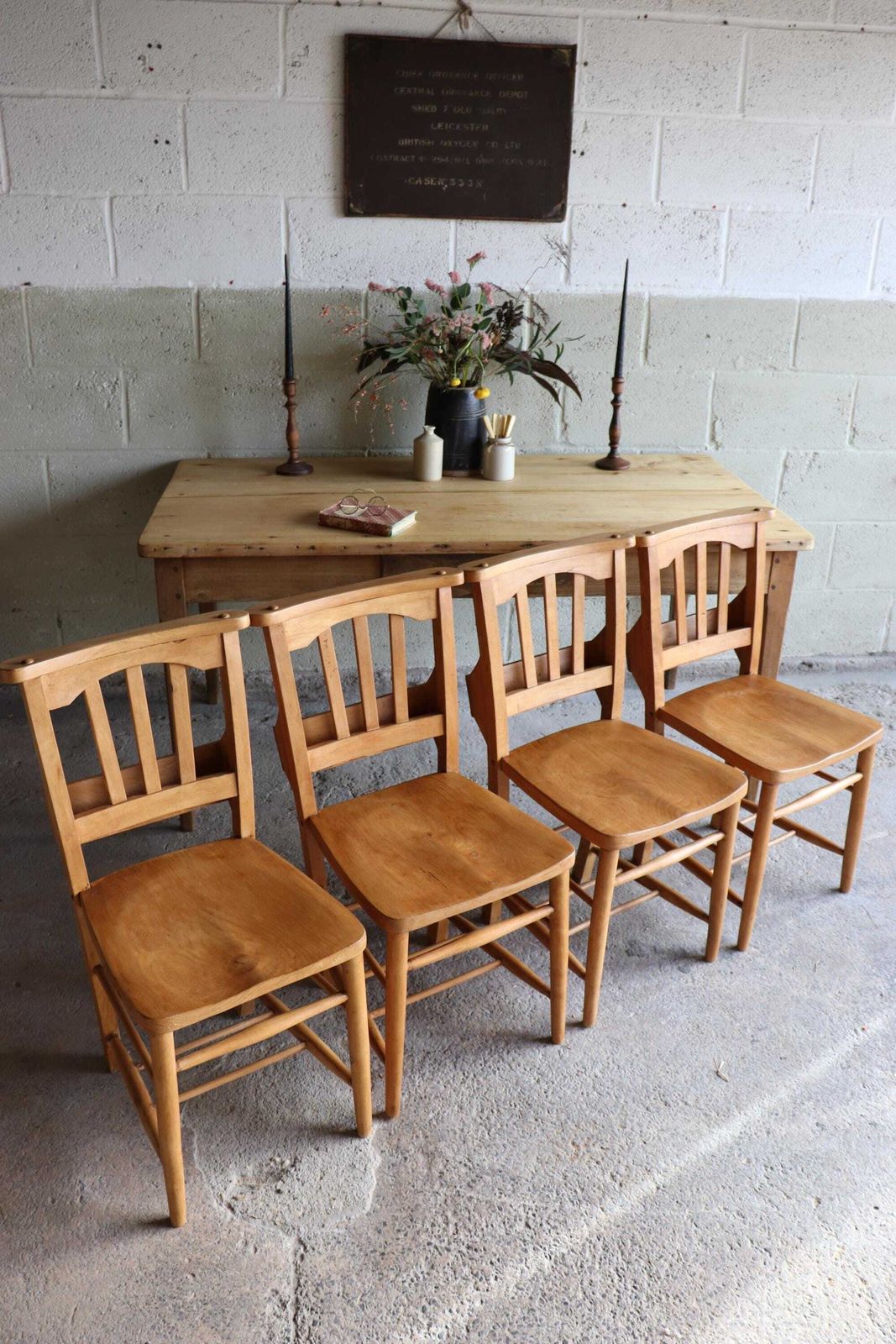 Set Of Four Restored English Chapel Chairs With Hymn Book Holders