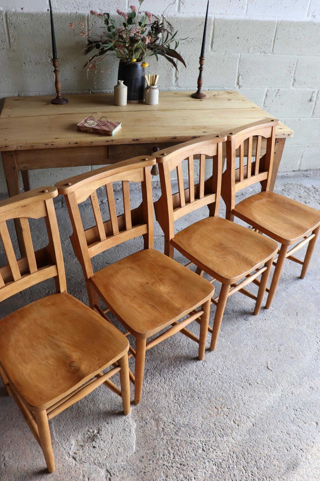 Set Of Four Restored English Chapel Chairs With Hymn Book Holders photo 925.0