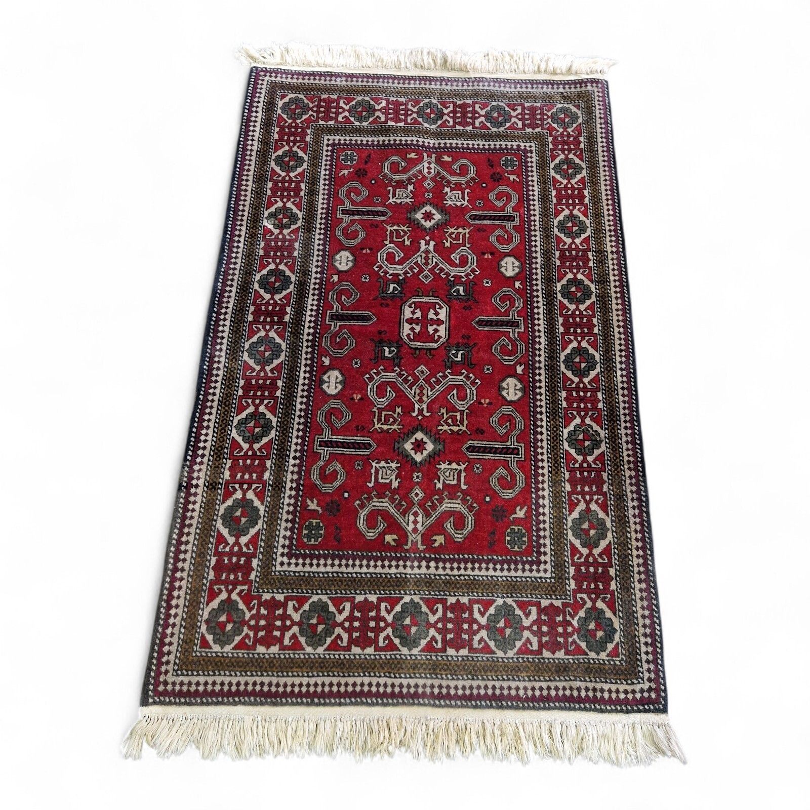 Traditional Red Rug Geometric Floral Pattern Wool Carpet With Fringe 136cm photo for sale