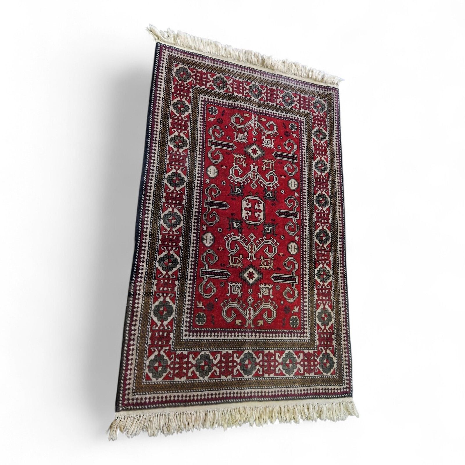 Traditional Red Rug Geometric Floral Pattern Wool Carpet With Fringe 136cm photo Textiles