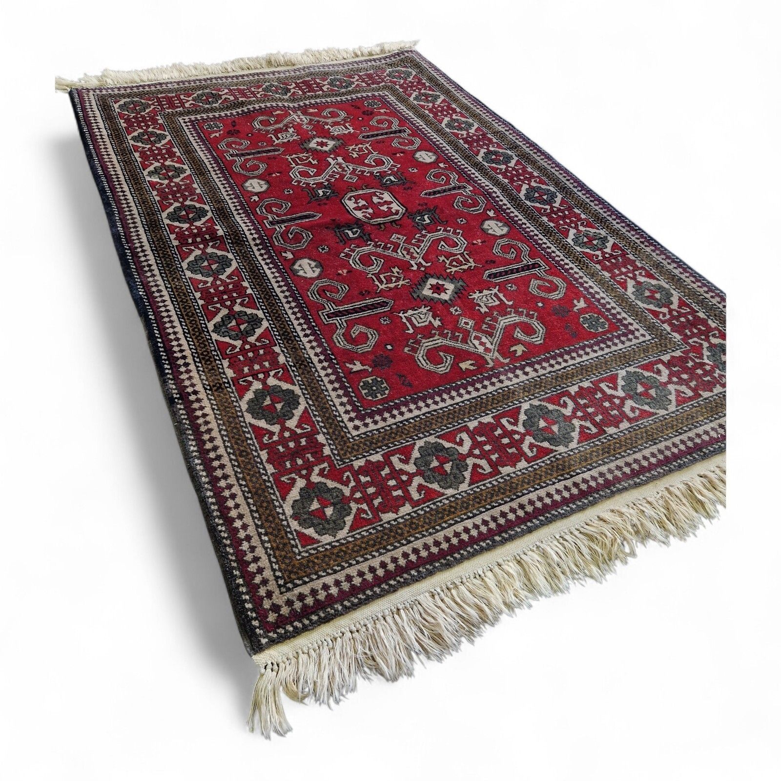 photo for sale Traditional Red Rug Geometric Floral Pattern Wool Carpet With Fringe 136cm