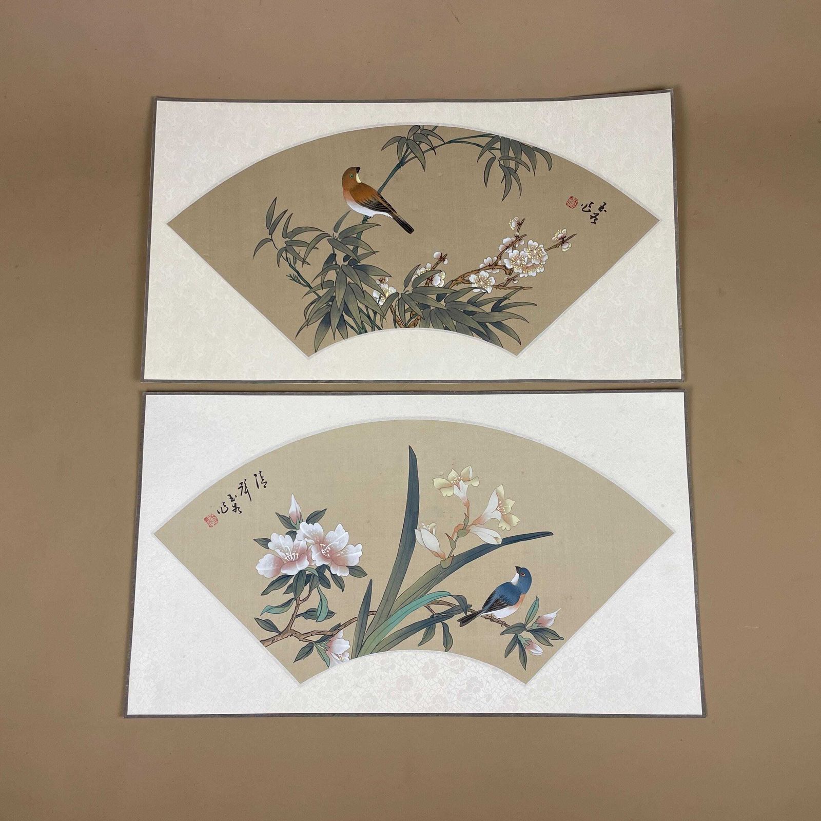 Oriental Silk Fan Art Pair Floral Bird Hand Painted Botanical Pictures Unframed Asian Blossom Set Of 2 Paintings
