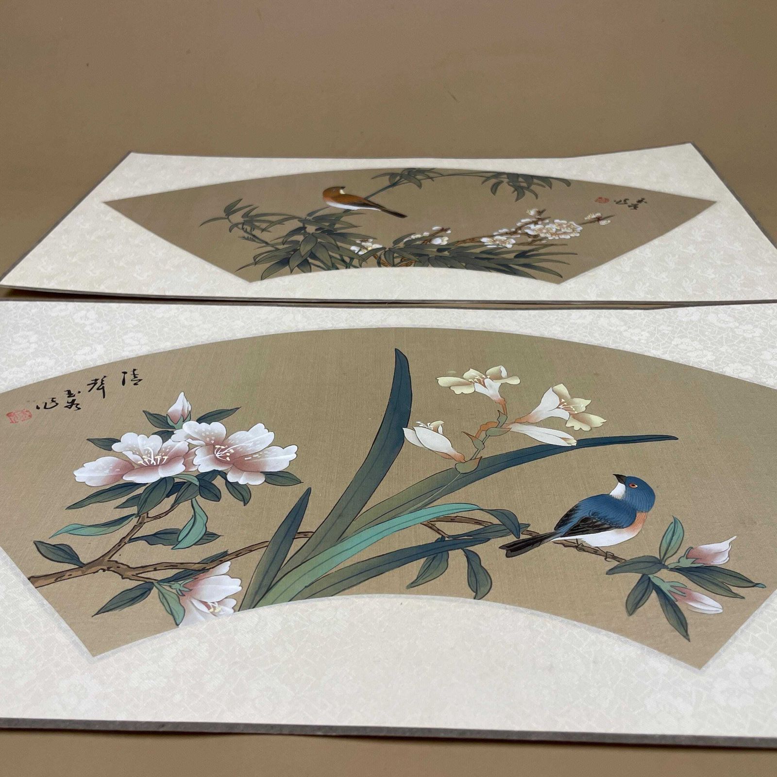 Oriental Silk Fan Art Pair Floral Bird Hand Painted Botanical Pictures Unframed Asian Blossom Set Of 2 Paintings photo buy
